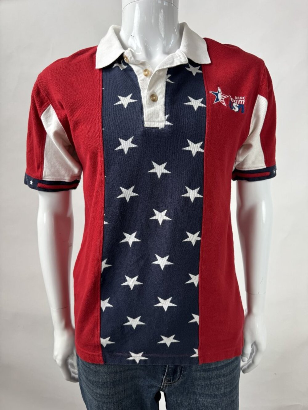 RedHead Mens S USA Flag Polo Shirt Red White & Blue Stars 100% Cotton Made In In
